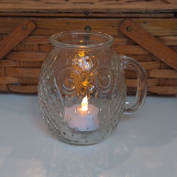 Vintage Clear Embossed Owl Design Glass Mug Decorative Jar - Picture 8 of 8